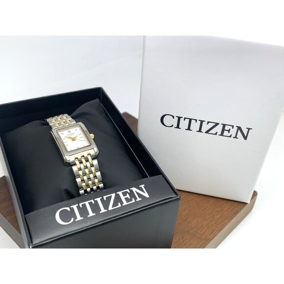 Citizen Women's Watch EJ5854-56A Quartz White Dial Two Tone Steel Tank Petite - Picture 3 of 14